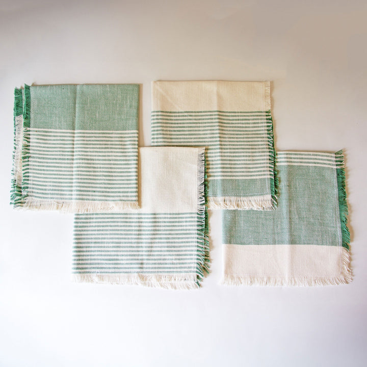 Striped Fringed Chambray Napkins - Green, Set of 4