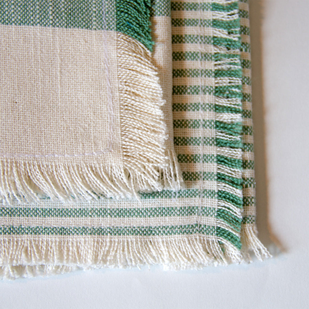 Striped Fringed Chambray Napkins - Green, Set of 4