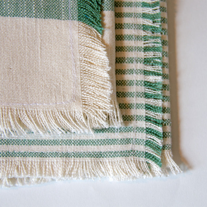 Striped Fringed Chambray Napkins - Green, Set of 4