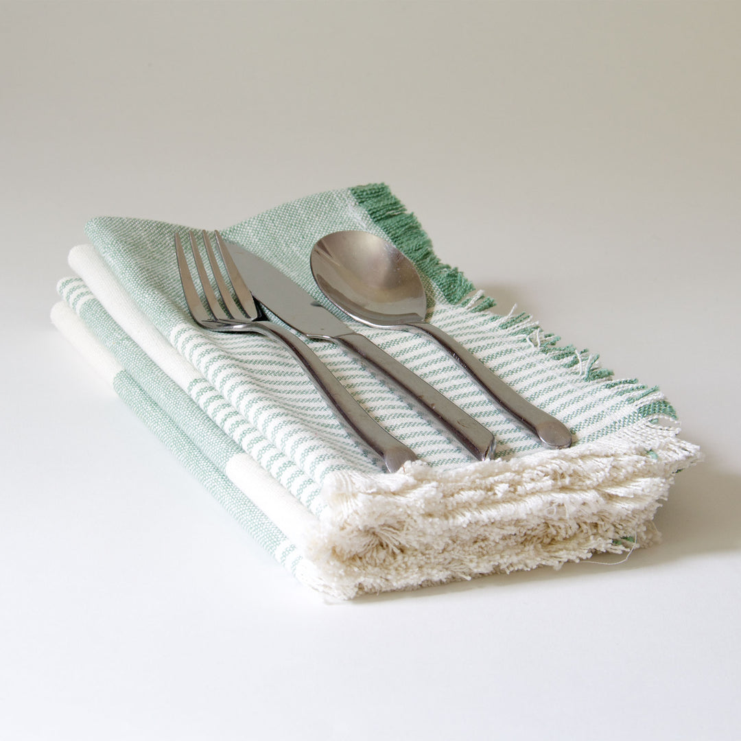 Striped Fringed Chambray Napkins - Green, Set of 4