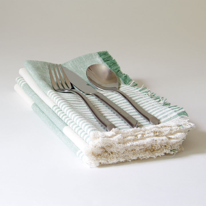 Striped Fringed Chambray Napkins - Green, Set of 4