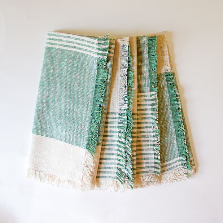 Striped Fringed Chambray Napkins - Green, Set of 4