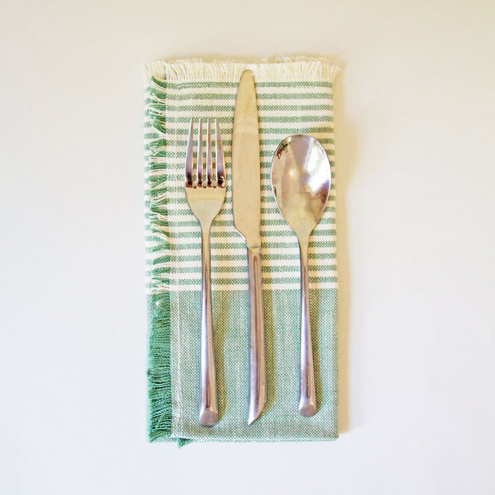 Striped Fringed Chambray Napkins - Green, Set of 4