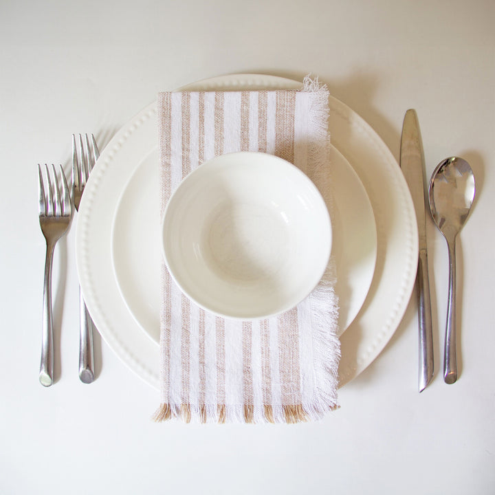 Striped Fringed Napkins - Tan, Set of 4