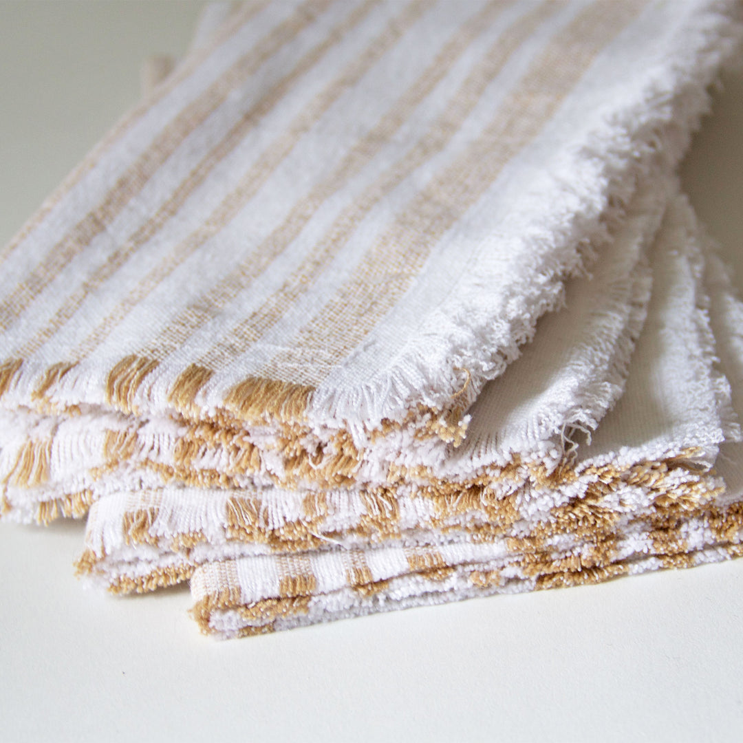 Striped Fringed Napkins - Tan, Set of 4