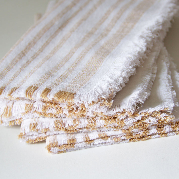 Striped Fringed Napkins - Tan, Set of 4