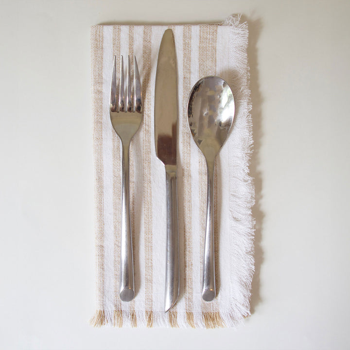 Striped Fringed Napkins - Tan, Set of 4