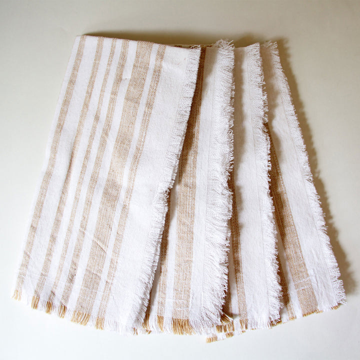 Striped Fringed Napkins - Tan, Set of 4
