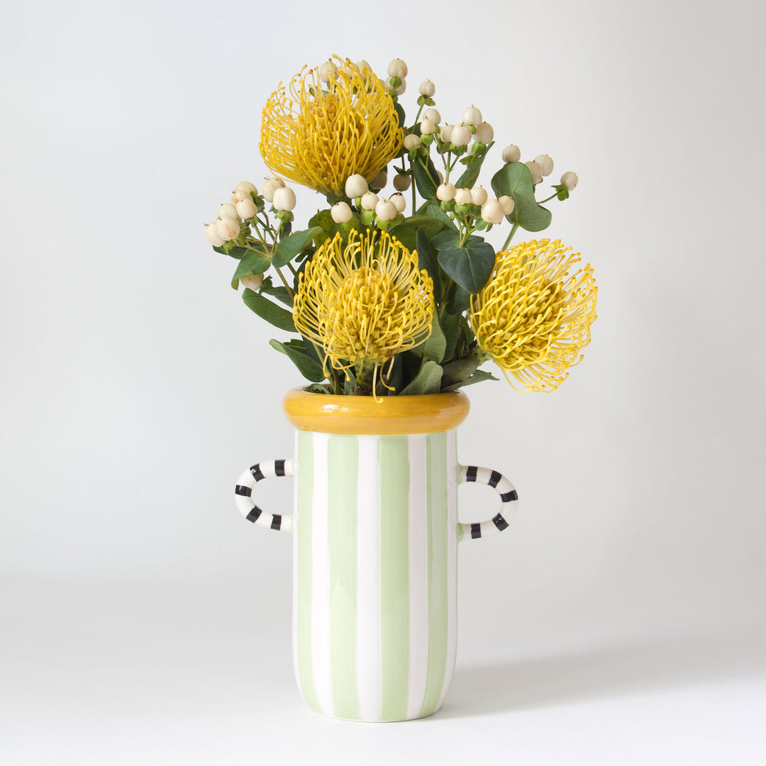 Striped Painted Ceramic Vase - Green & White