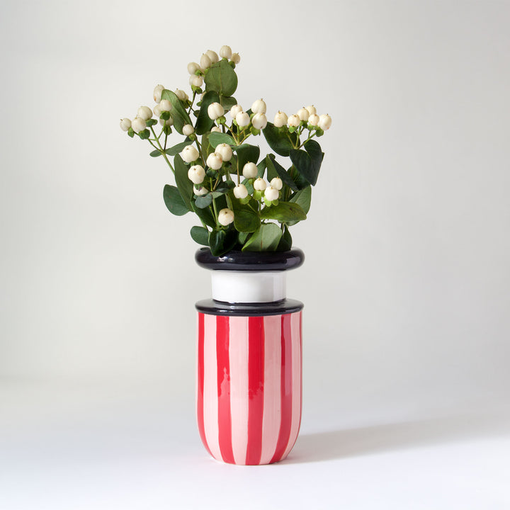 Striped Painted Ceramic Vase - Red & Pink