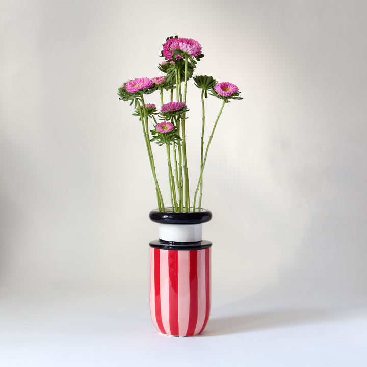 Striped Painted Ceramic Vase - Red & Pink