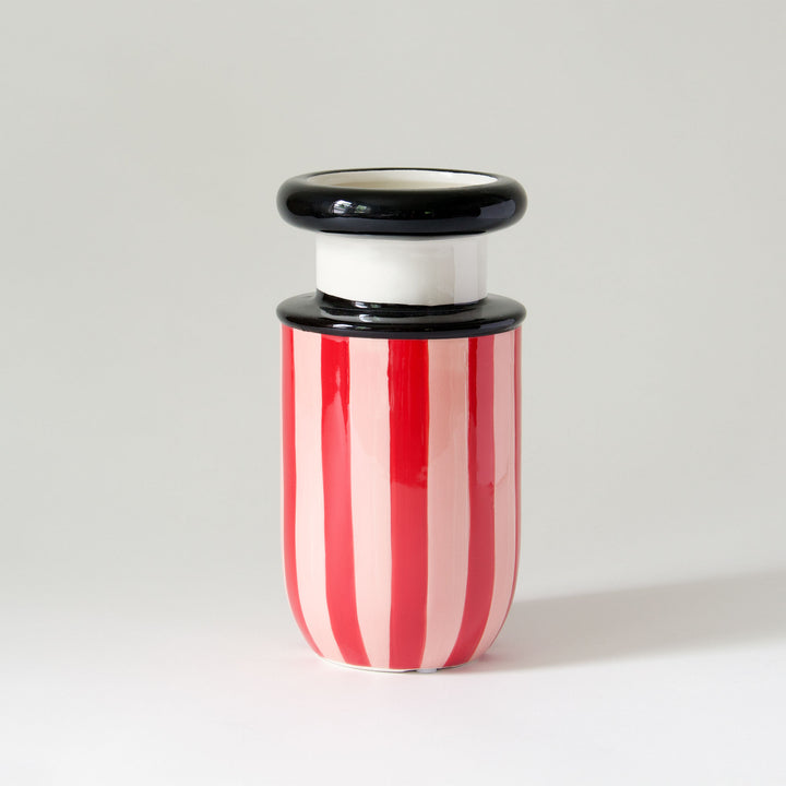 Striped Painted Ceramic Vase - Red & Pink