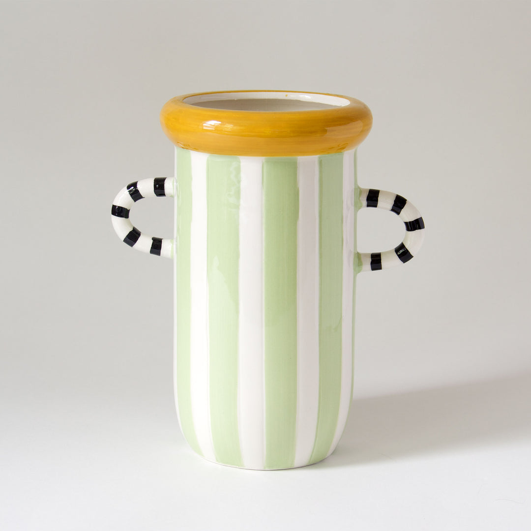 Striped Painted Ceramic Vase - Green & White