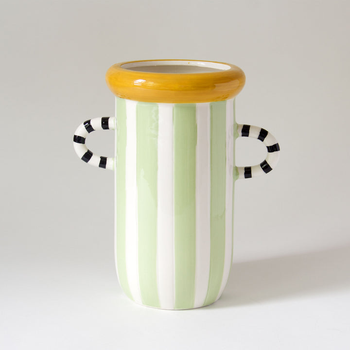Striped Painted Ceramic Vase - Green & White