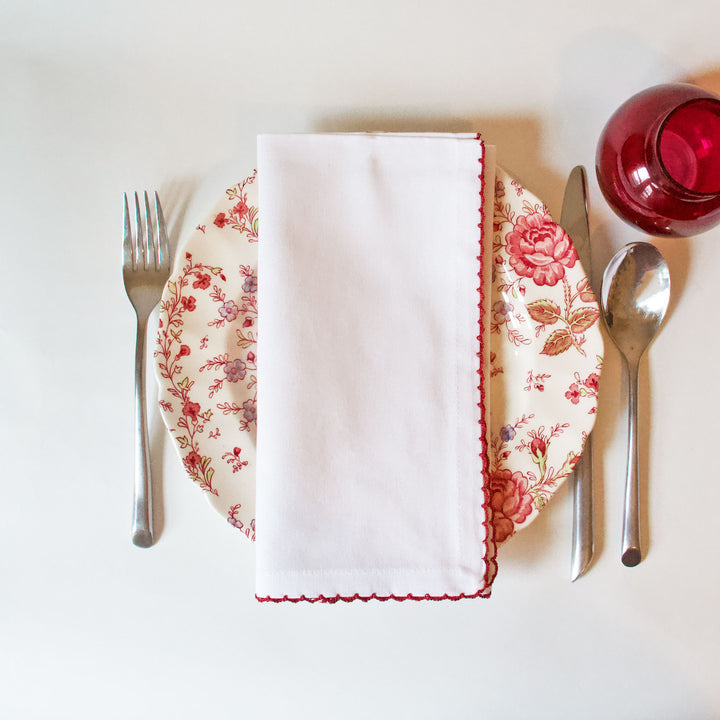 White & Red Whip Stitch Napkins, Set of 4
