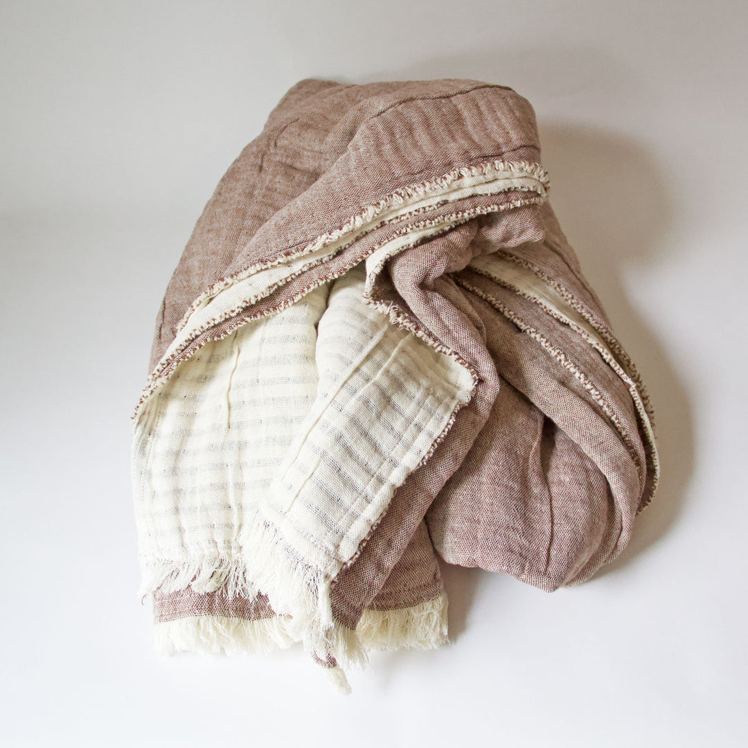 Woven Fringed Soft Cotton Reversible Throw - Taupe