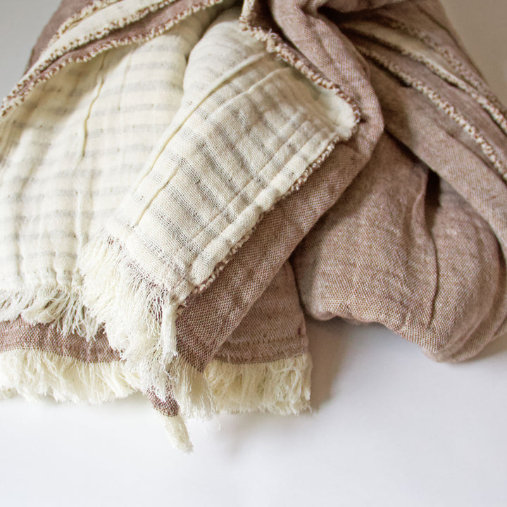 Woven Fringed Soft Cotton Reversible Throw - Taupe